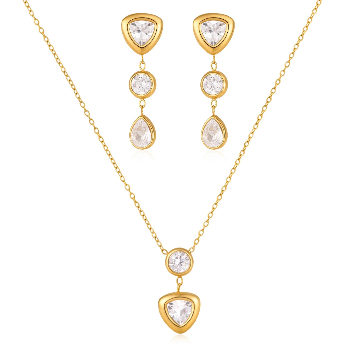 KIKA Elegant Geometric Zircon Pendant Necklace Earrings For Women Minimalist 18K Gold PVD Plated Stainless Steel 316L