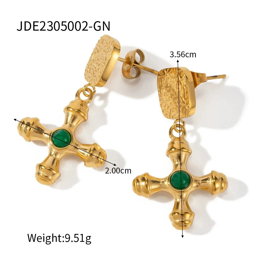 Kika Retro 18K Gold Color Stainless Steel Green Zircon Geometric Earrings