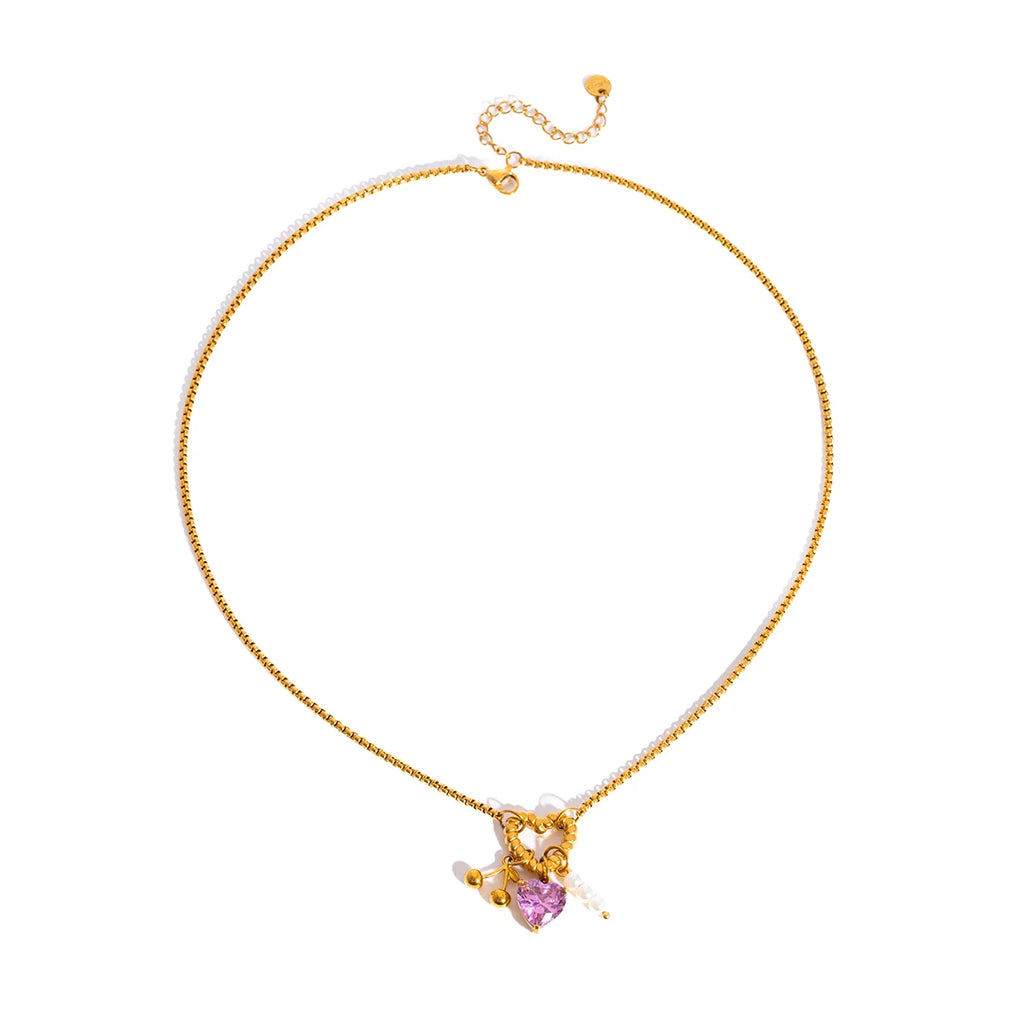 Kika Delicate Pink Heart-Shaped Zircon Pendant With Acrylic Pearl Cherry Charm Layered Necklace