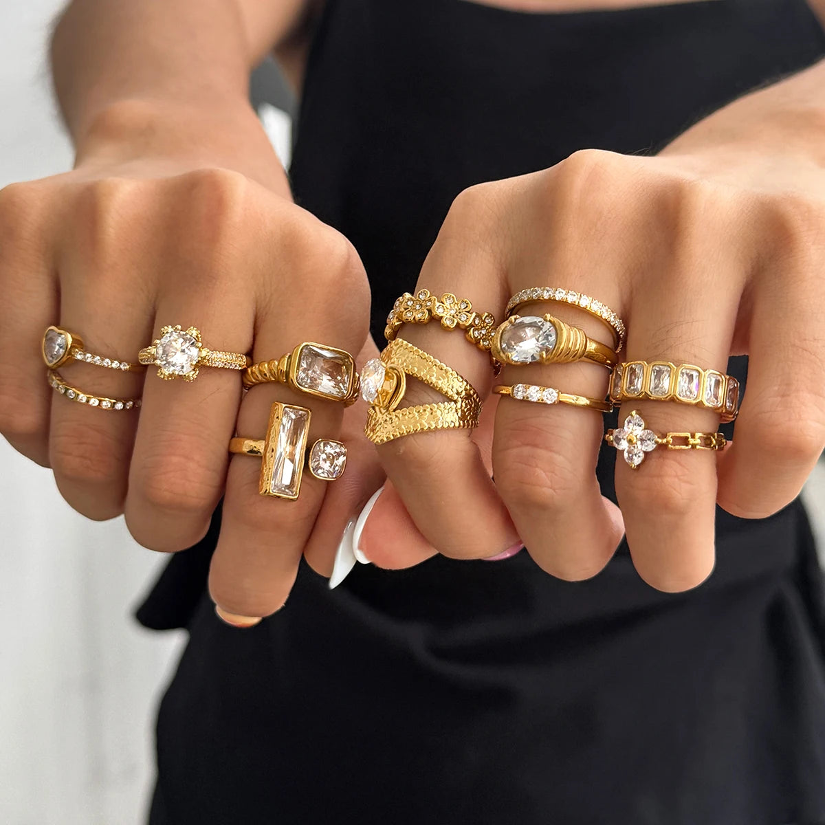 KIKA Minimalist 18K Gold Color PVD Plated Stainless Steel 316L Geometric Zircon Flower Ring Stackable Texture Ring