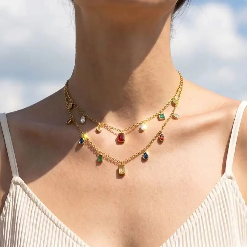 KIKA Multicolor Zircon Pendant Necklace Double Layer 18K Gold Plated Stainless Steel 316L