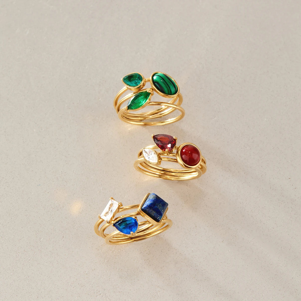 KIKA Elegant Zircon Natural Stone Rings For Women Multilayer 18K Gold PVD Plated Stainless Steel Open Rings Fashion Jewelry
