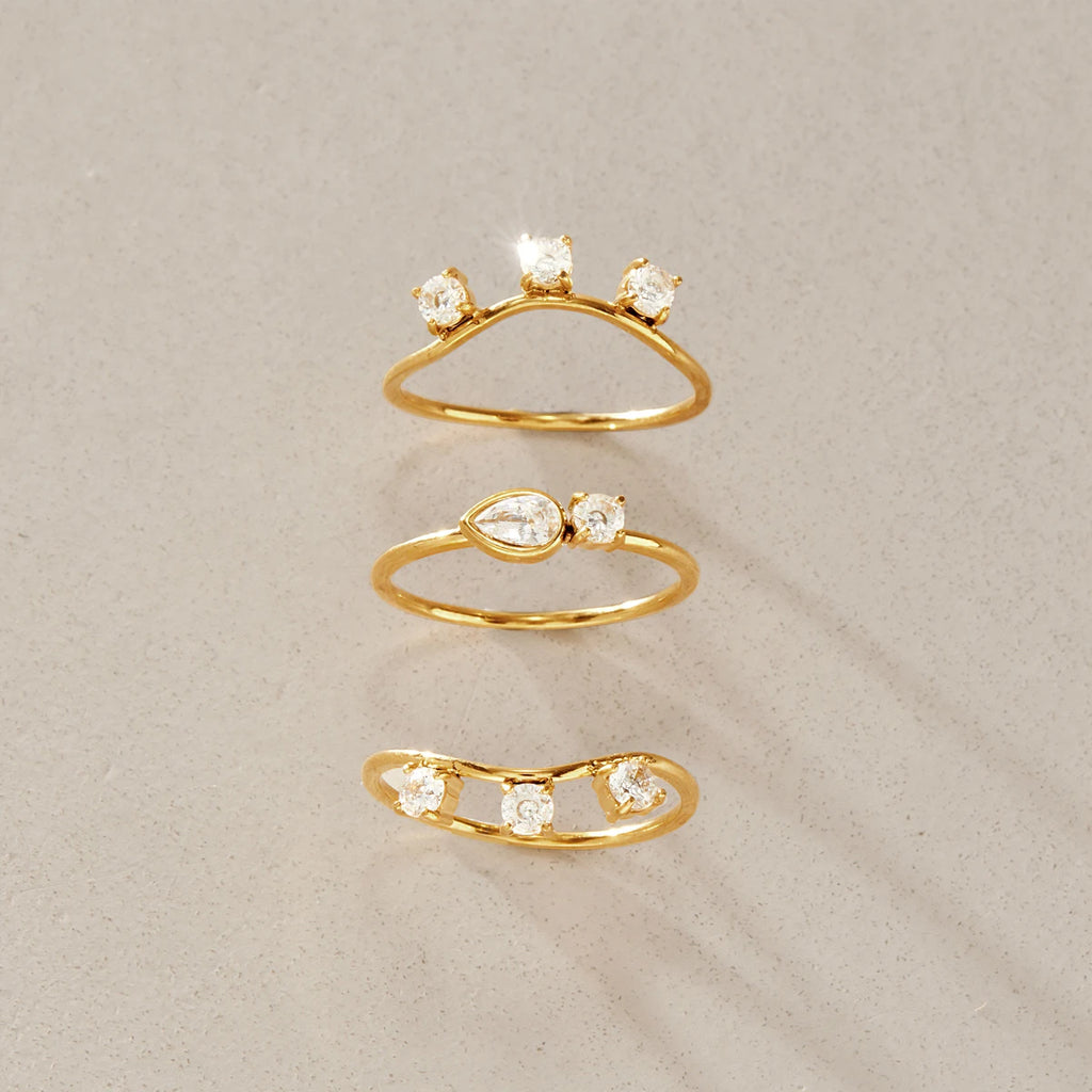 KIKA 3 Pcs/Set Stackable Geometric Zircon Rings For Women Minimalist 18K Gold PVD Plated Stainless Steel 316L