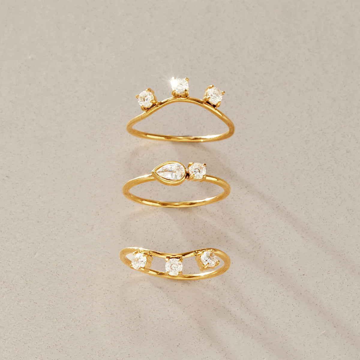 KIKA 3 Pcs/Set Stackable Geometric Zircon Rings For Women Minimalist 18K Gold PVD Plated Stainless Steel 316L