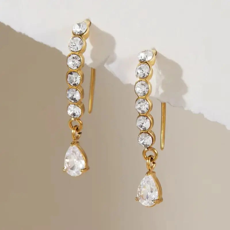KIKA Round Crystal Water Drop Zircon Hook Earrings PVD Plated Stainless Steel 316L