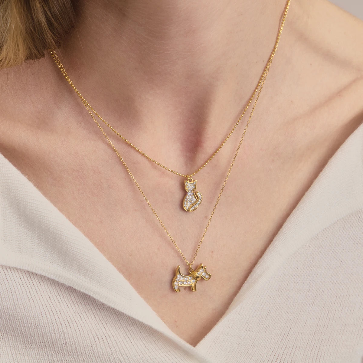 Cute Hug Dog Cat Pet Pendant Rhinestone Necklace