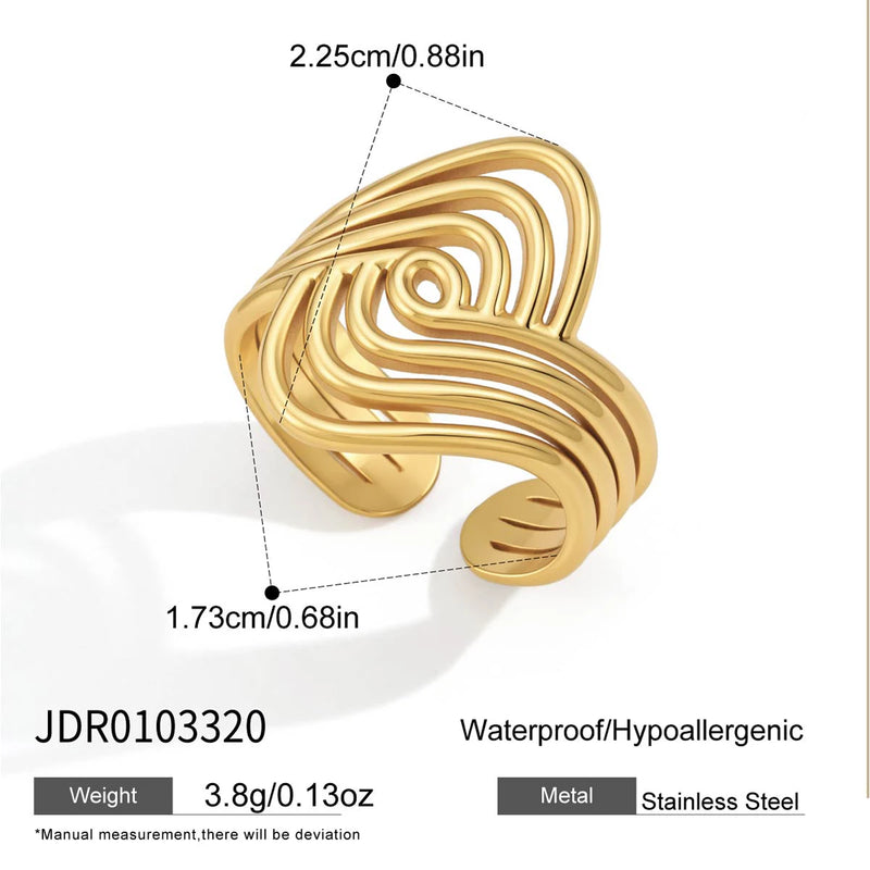 KIKA Classic Irregular Multi-Layer Hollow Linear Opening Ring PVD Gold Plated Stainless Steel 316L
