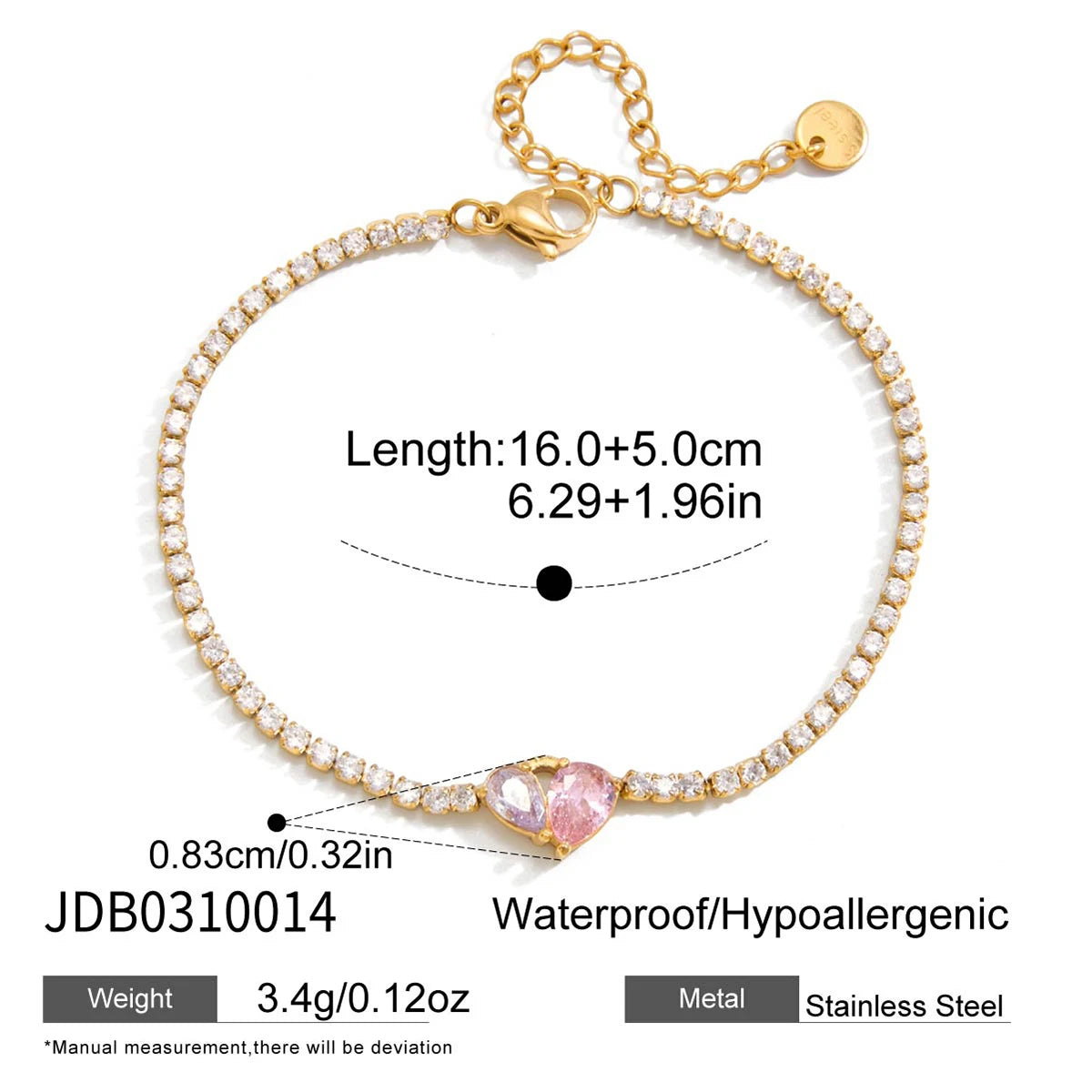 Kika Classic Pink Purple Heart Shaped Zircon Tennis Bracelet