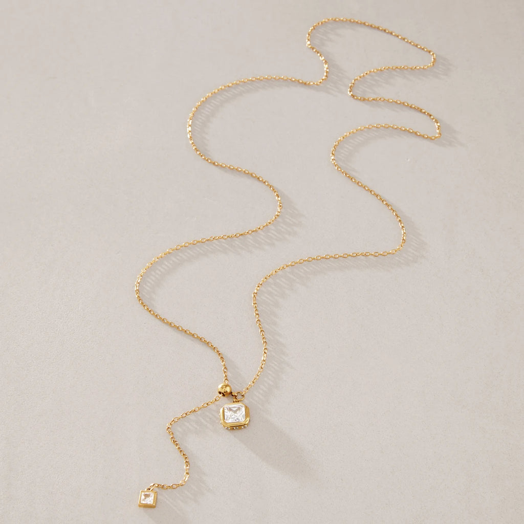 KIKA Geometric Zircon Pendant Necklace For Women Adjustable 70cm Long Chain 18K Gold PVD Plated Stainless Steel 316L