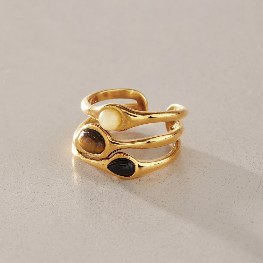 KIKA Vintage Black Agate Tiger Eye Natural Stone Open Rings For Women 18K Gold Plated Stainless Steel Rings Fashion Jewelry