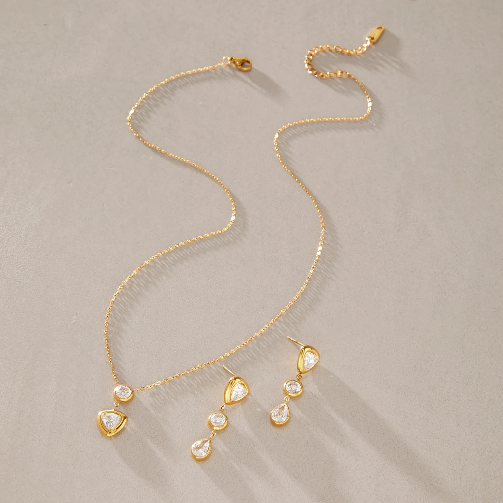 KIKA Elegant Geometric Zircon Pendant Necklace Earrings For Women Minimalist 18K Gold PVD Plated Stainless Steel 316L