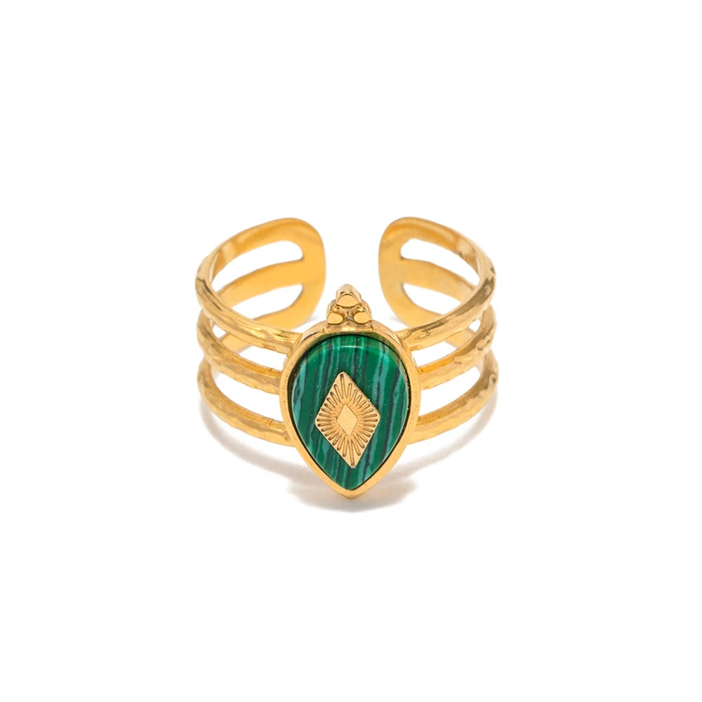 Kika Stainless Steel Natural Stone Green Turquoise Malachite Ring