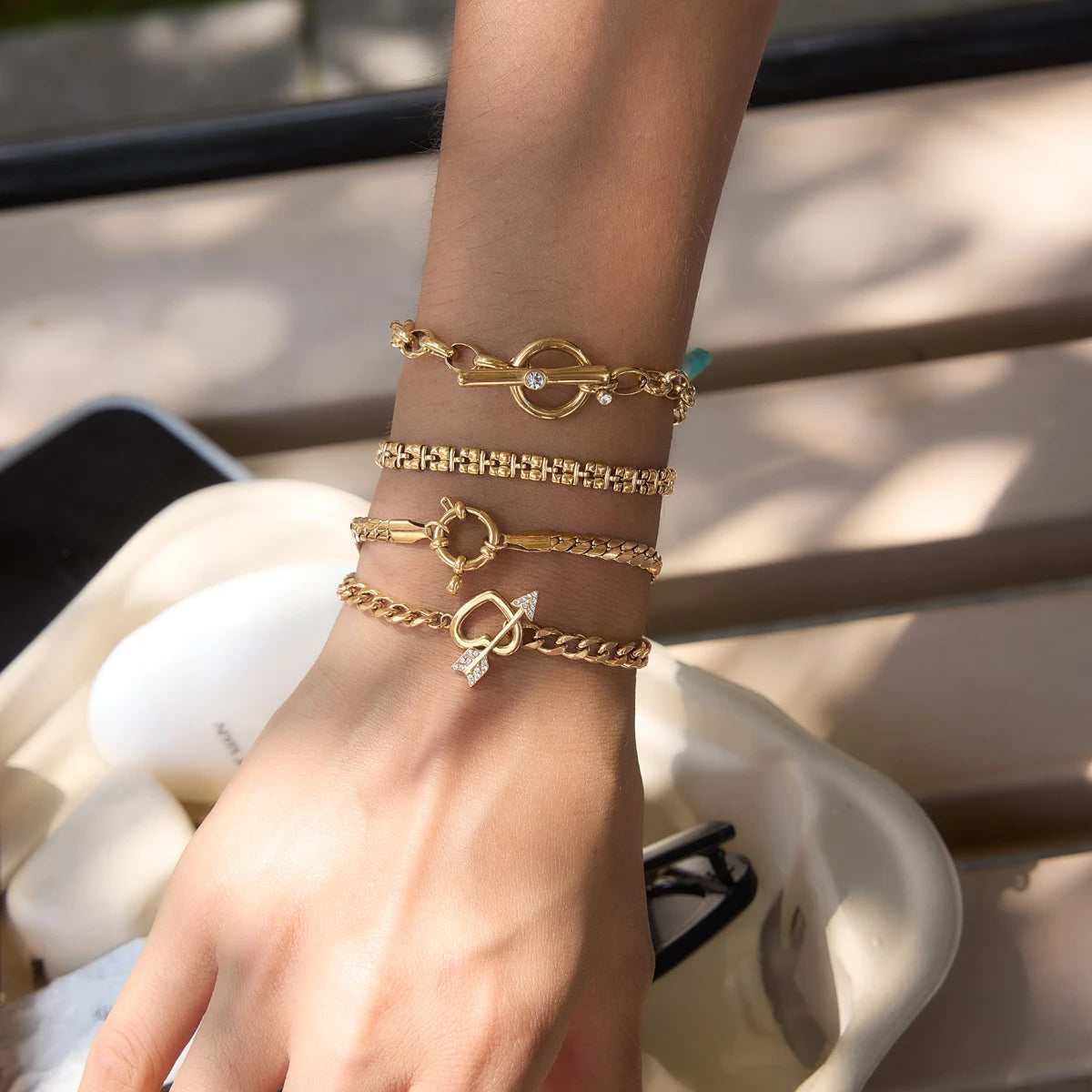 Kika Delicate White Rhinestone Arrow Heart OT Buckle Cuban Chain Layered Bracelets