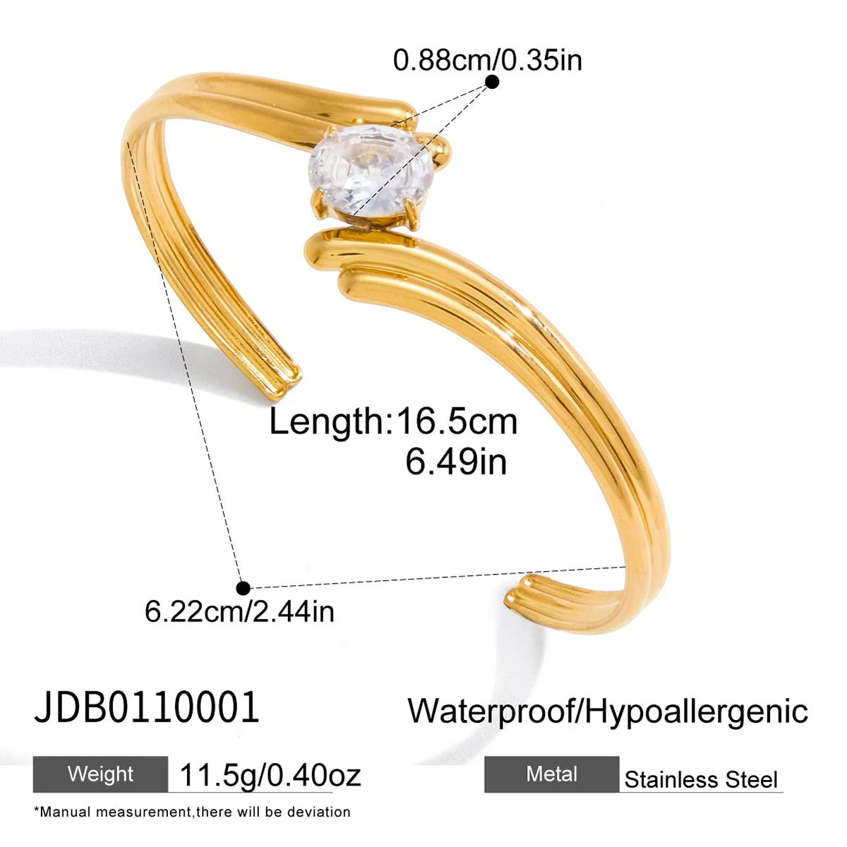 Kika Classic 18K Plated Irregular White Zircon Double-Layer Open Bracelet Stainless Steel