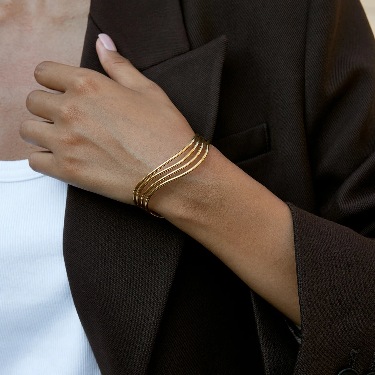 Kika Minimalist 18K Gold Color Plated Stainless Steel Multi Layer Line Hollow  Bracelets Woman