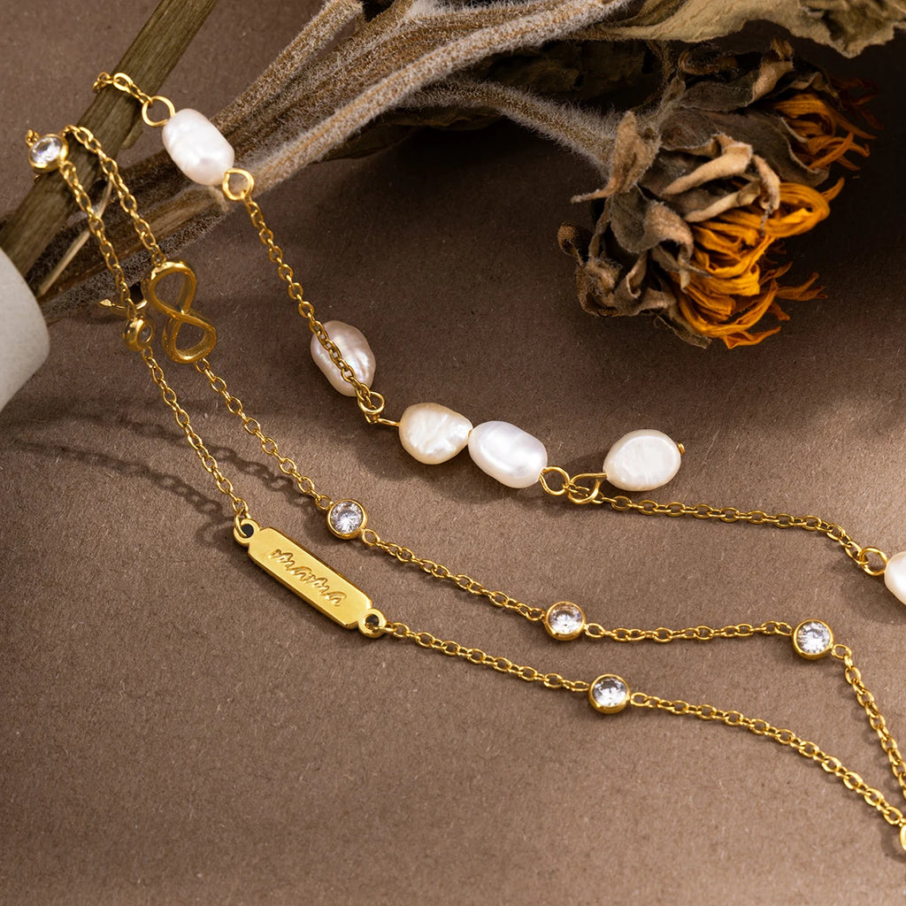 Kika Delicate White Round Zircon Infinite Symbol Mama Mother'S Day Double-Layer Bracelet With Freshwater Pearls