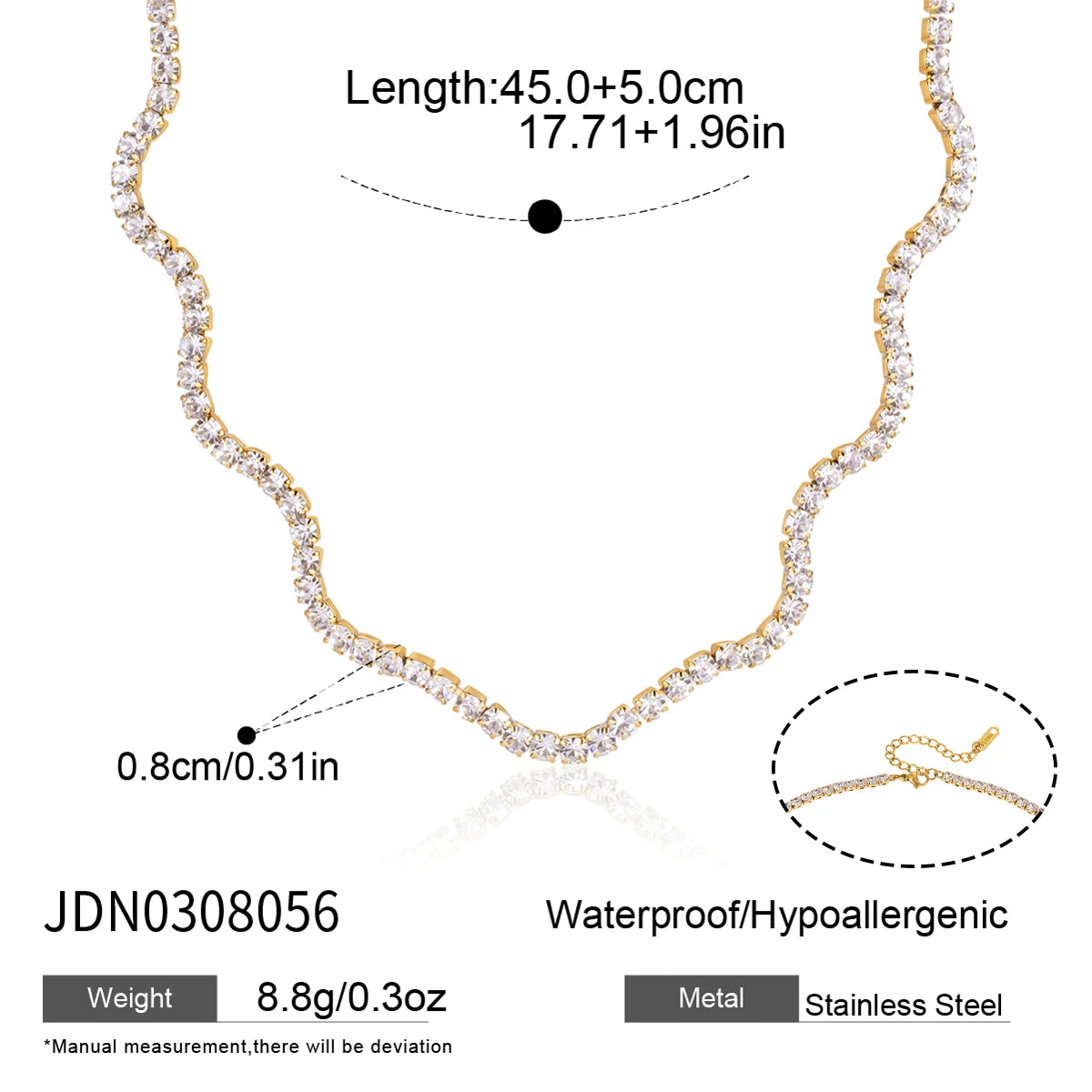 KIKA Classic Crystal Tennis Chain Wave Shape Necklace For Women 18K Gold PVD Plated Stainless Steel Necklace Fashion Jewelry