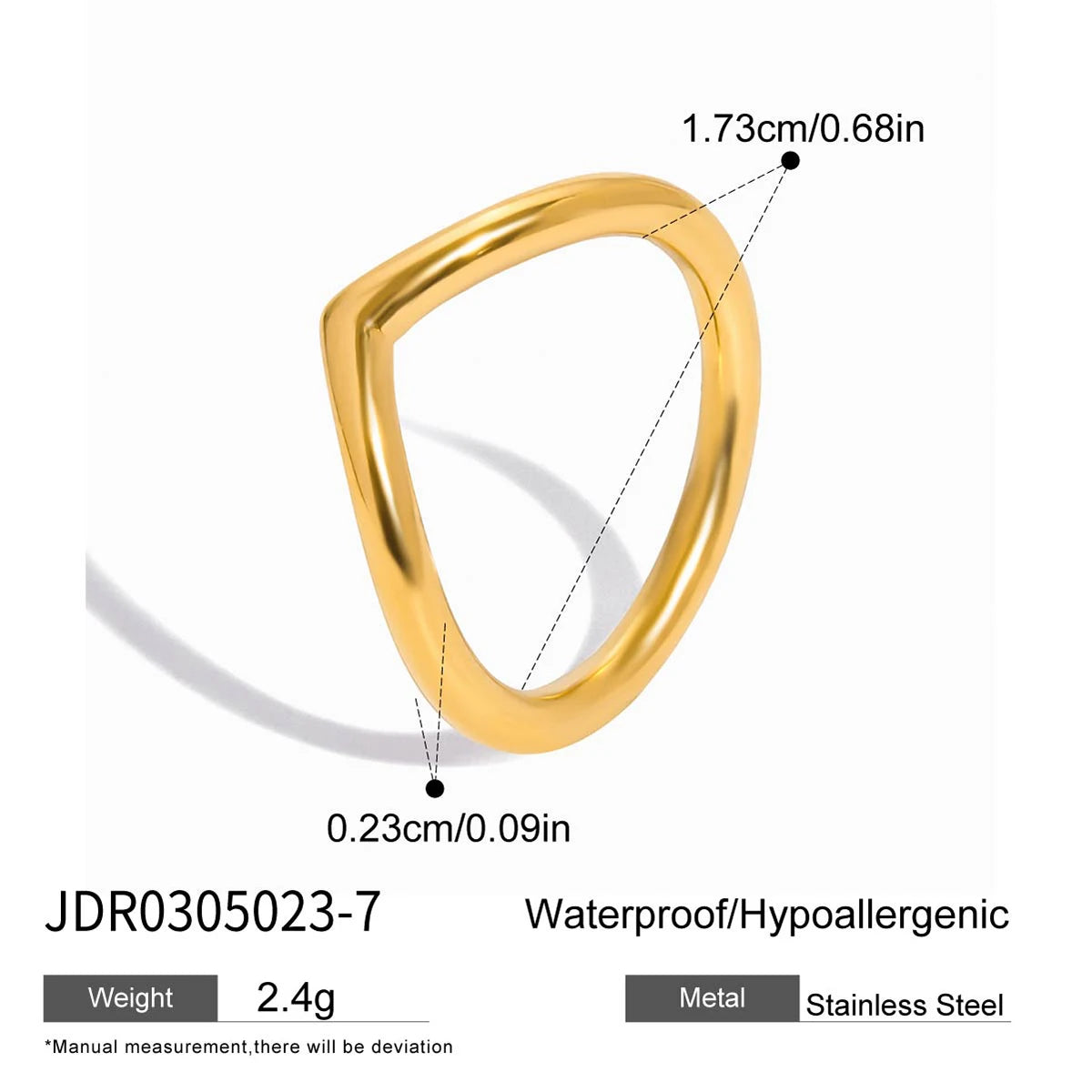 Kika Minimalist 18K Gold Color Plated Stainless Steel Zircon Water Drop Ring V-shaped Stackable