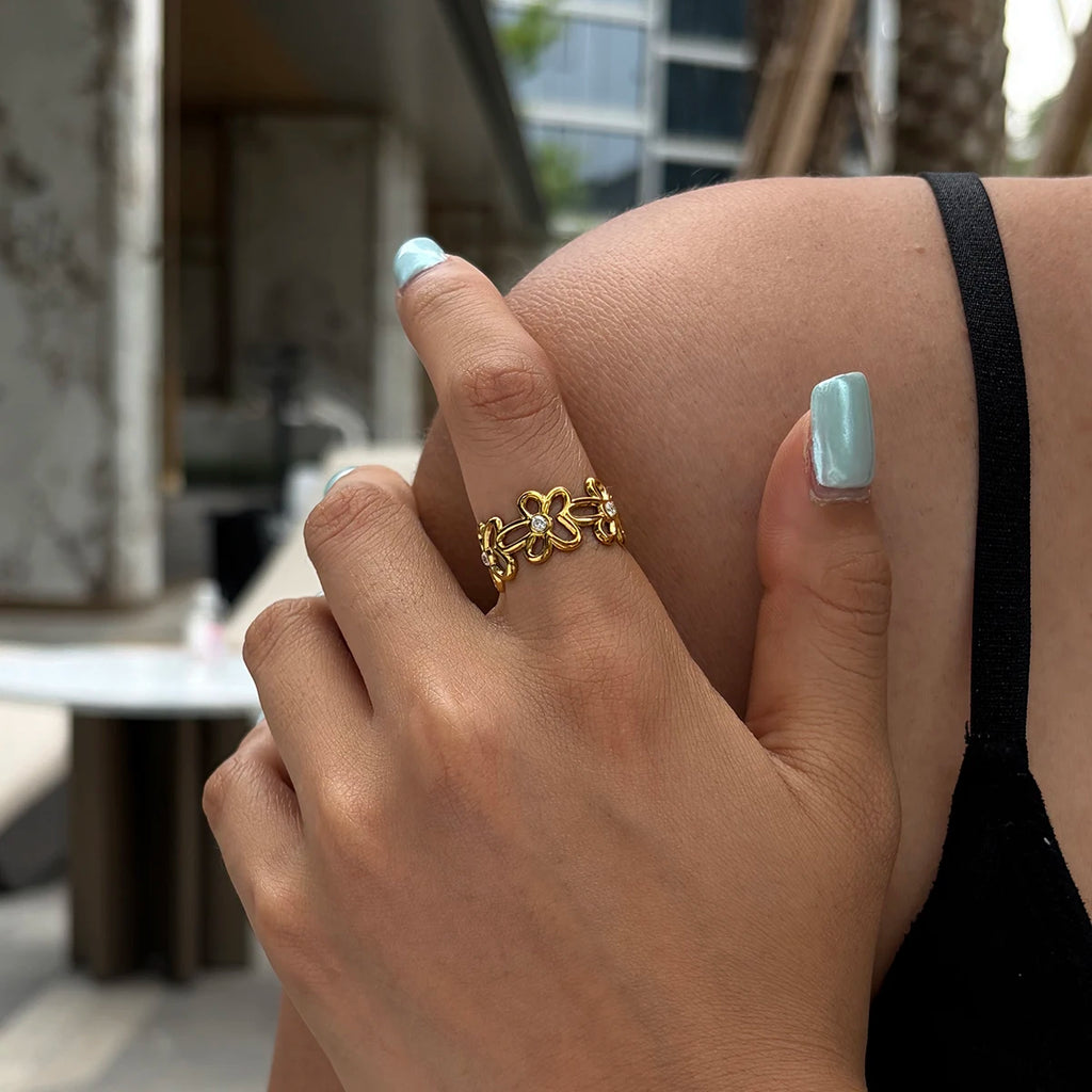 KIKA Delicate Hollow-Out Flower Opening Ring PVD  Plated Stainless Steel 316L