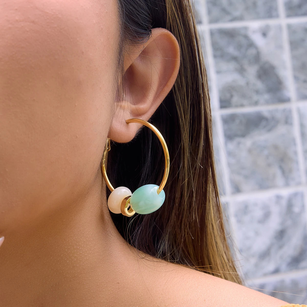 KIKA Delicate Red Blue Spliced White Resin Circle Earrings PVD Plated Stainless Steel 316L