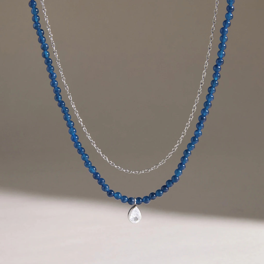 KIKA Water Drop Zircon Pendant Blue Natural Stone Bead Necklace  Delicate Stainless Steel 316L