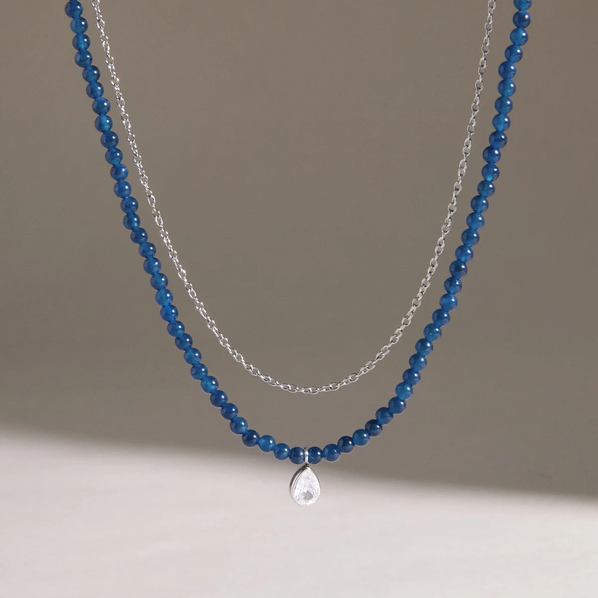 KIKA Water Drop Zircon Pendant Blue Natural Stone Bead Necklace  Delicate Stainless Steel 316L