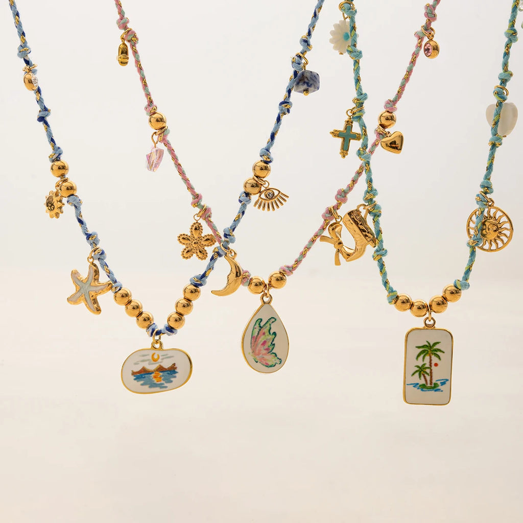 Kika Trend Acrylic Pearl Drip Oil Printed Pendant Blue Handmade Rope Necklace