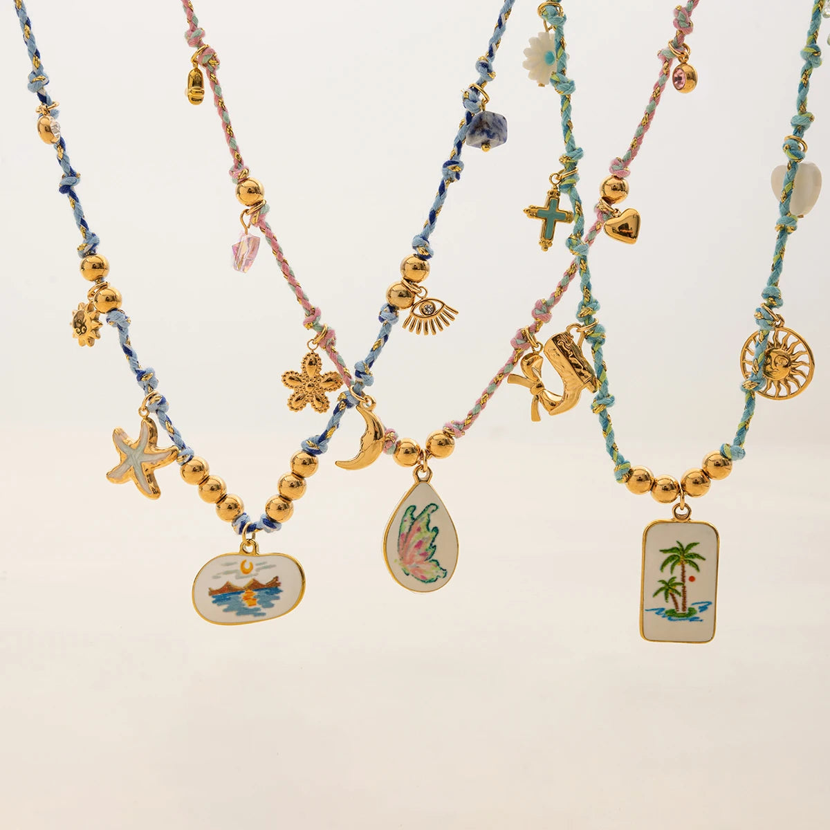 Kika Trend Acrylic Pearl Drip Oil Printed Pendant Blue Handmade Rope Necklace