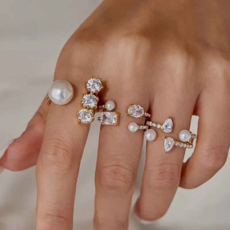 KIKA Elegant Zircon Imitation Pearl Open Rings For Women Minimalist 18K Gold Plated Stainless Steel Rings Fashion Jewelry Gift