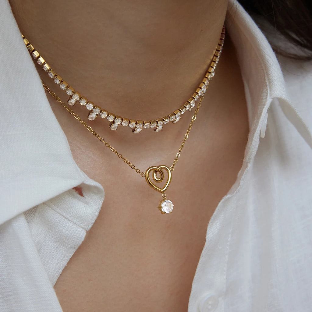 KIKA Twisted Heart Round Zircon Pendant Necklace For Women Minimalist 18K Gold Plated Stainless Steel Necklace Fashion Jewelry