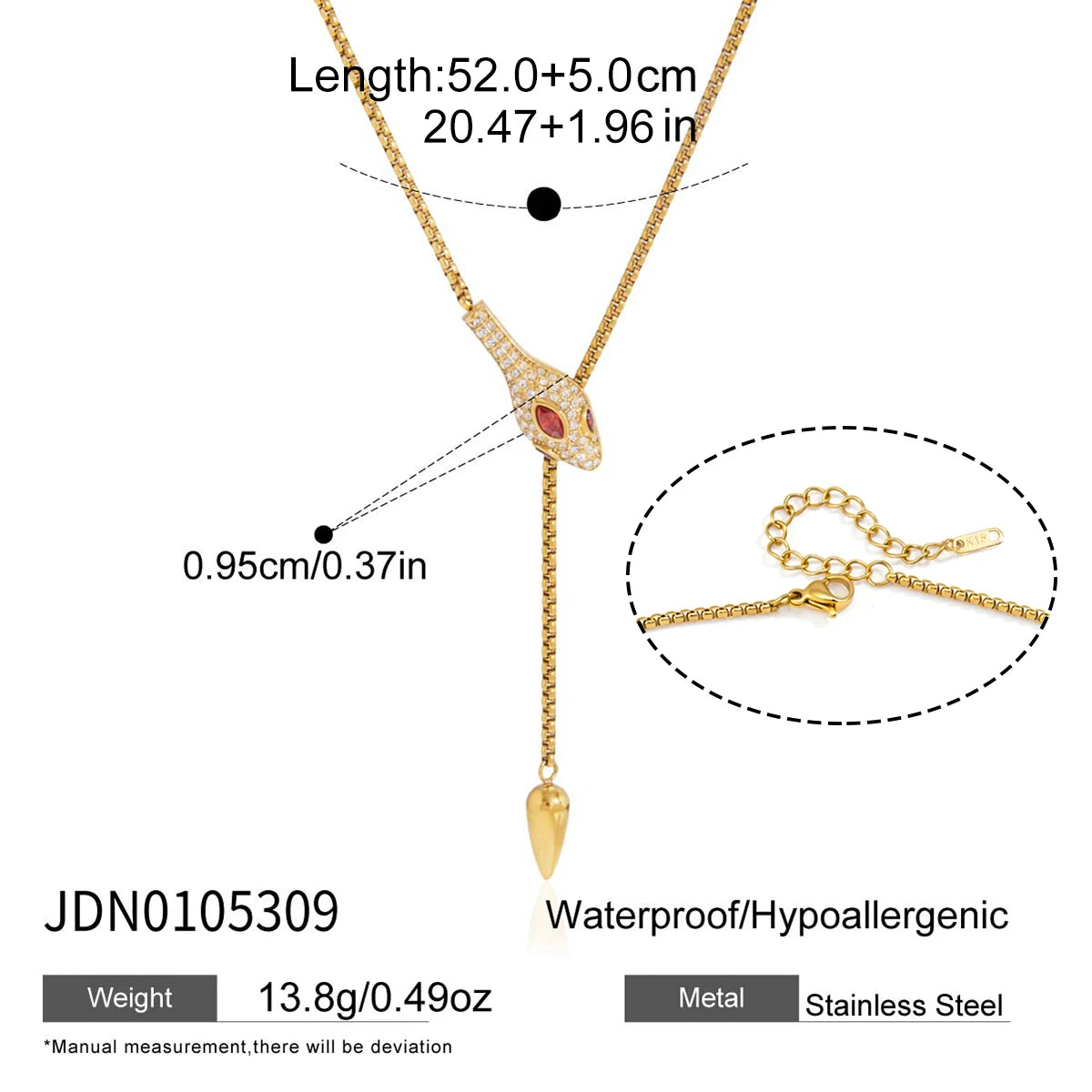 Kika  Classic Snake Shape Adjustable Chain Necklace Gold PVD Plated Stainless Steel Necklace 316L
