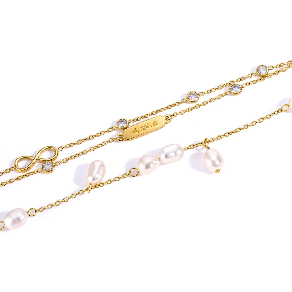 Kika Delicate White Round Zircon Infinite Symbol Mama Mother'S Day Double-Layer Bracelet With Freshwater Pearls