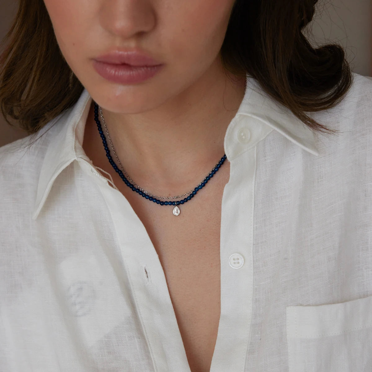 KIKA Water Drop Zircon Pendant Blue Natural Stone Bead Necklace  Delicate Stainless Steel 316L