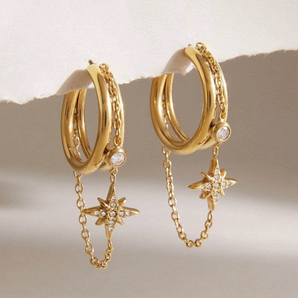 Kika Crystal Star Short Chain Tassel Earrings 18K Gold Plated Stainless Steel 316L