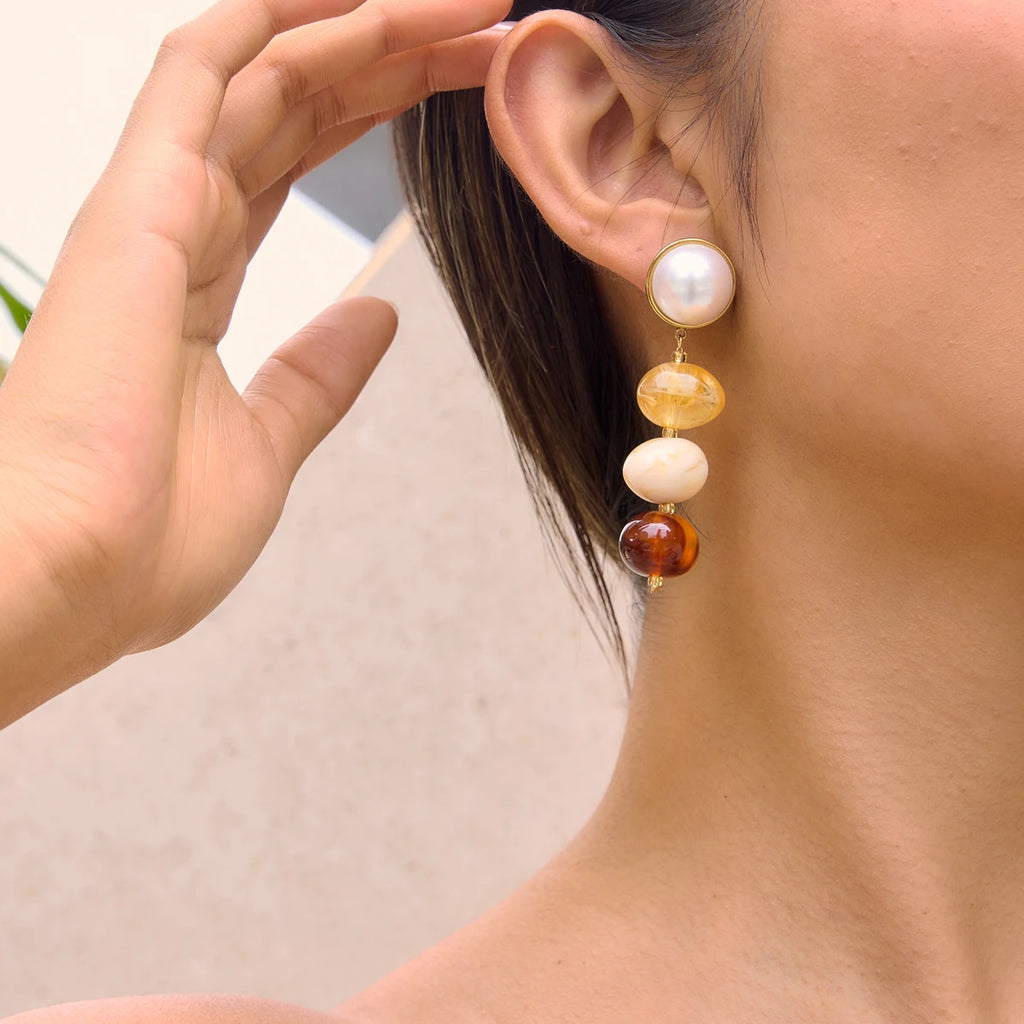 Kika Delicatecolored Brown Series Dyed Resin Glass Pearl Tassel Earrings