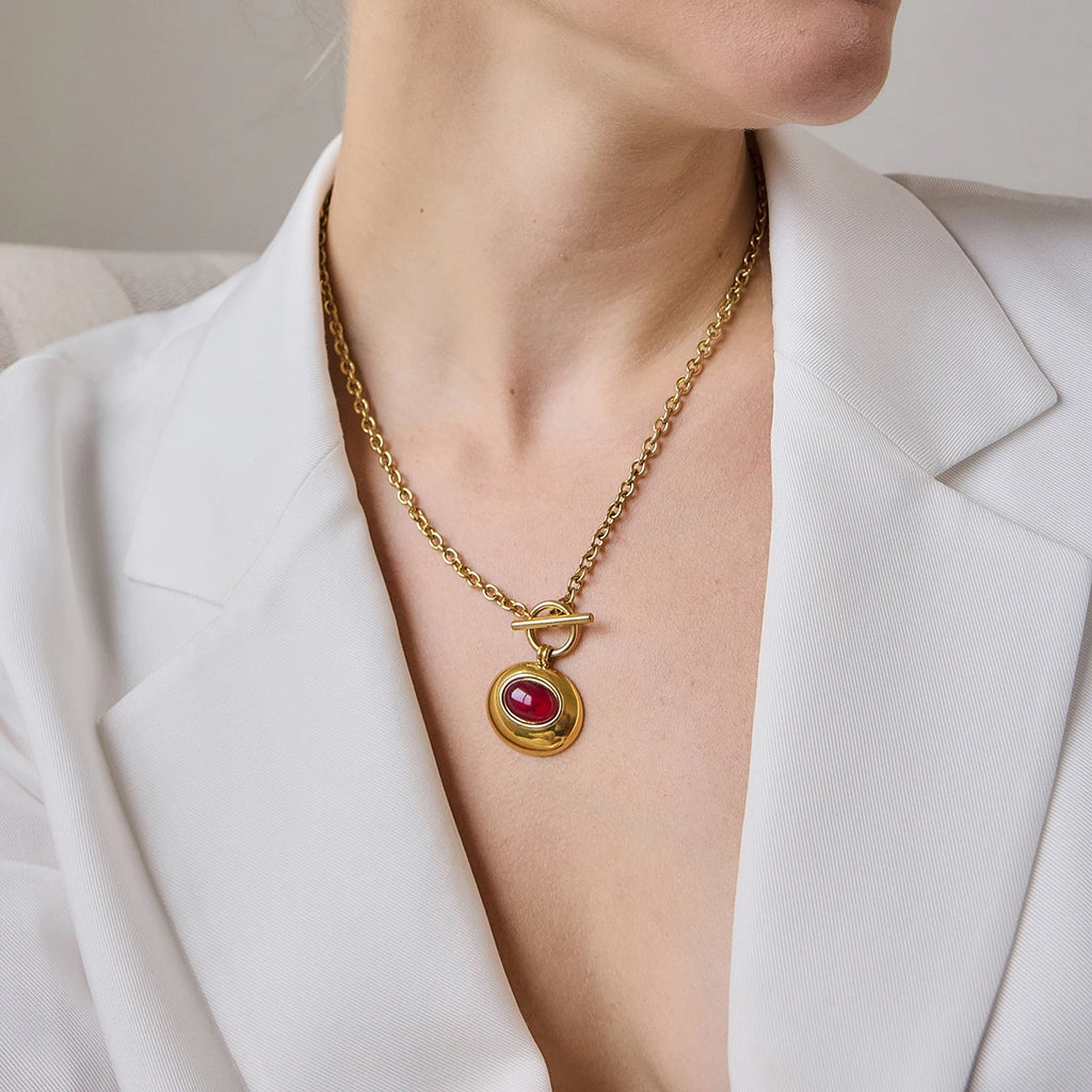 KIKA Classic Red Resin Pendant Necklace  18K Gold PVD Plated Stainless Steel 316L