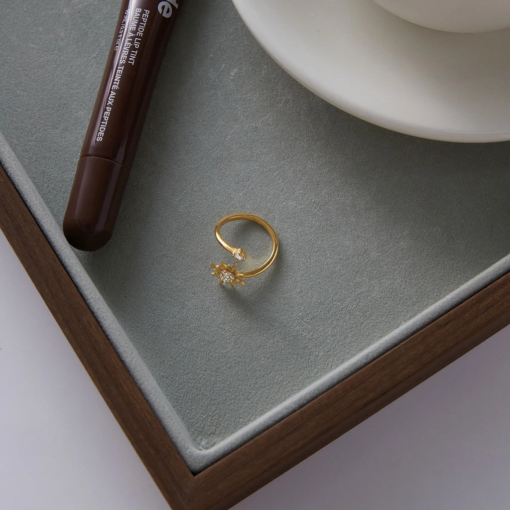 KIKA Personalized Design 18K Gold Color Plated Inlay Zircon Sun Shape Asymmetry Open Ring Waterproof Stainless Steel Jewelry