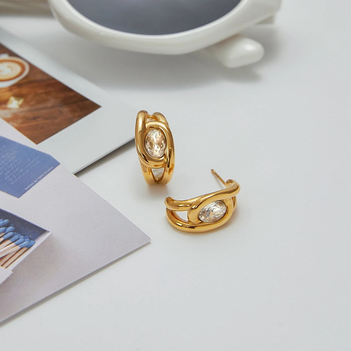 KIKA Minimalist White Zircon C-shaped Earrings 18K Gold Color PVD Plated Stainless Steel 316L Round Earrings