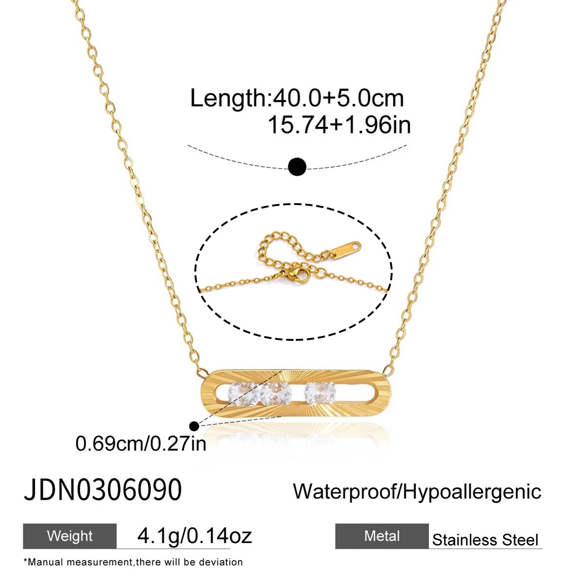 Kika Slideable Zircon Pendant Necklace Minimalist 18K Gold PVD Plated Stainless Steel 316L