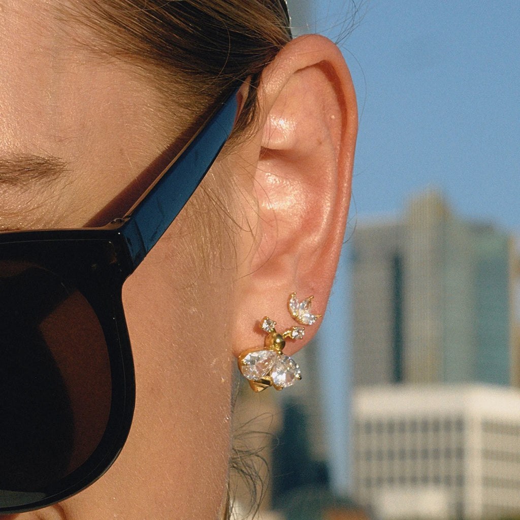 KIKA Classic Personality 18K Gold Color PVD  Plated Inlay White Zircon Bee Earrings Hypoallergenic Stainless Steel 316L