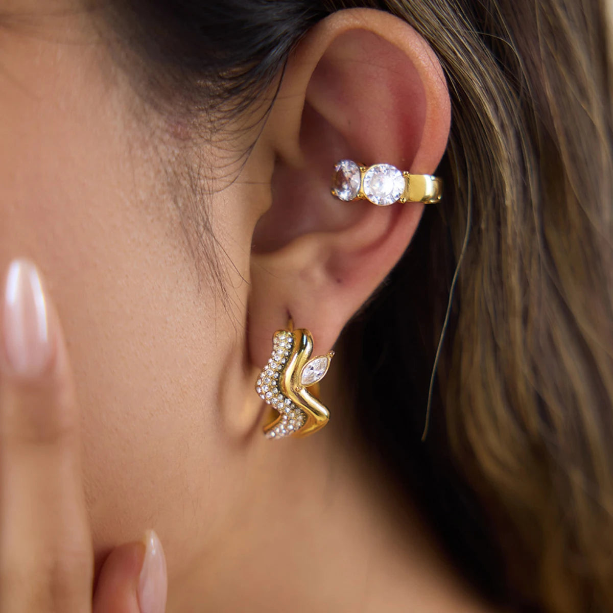 KIKA Horse Eye Shape Zircon Iced Out Wave Shape Clip Earrings PVD Plated Stainless Steel 316L