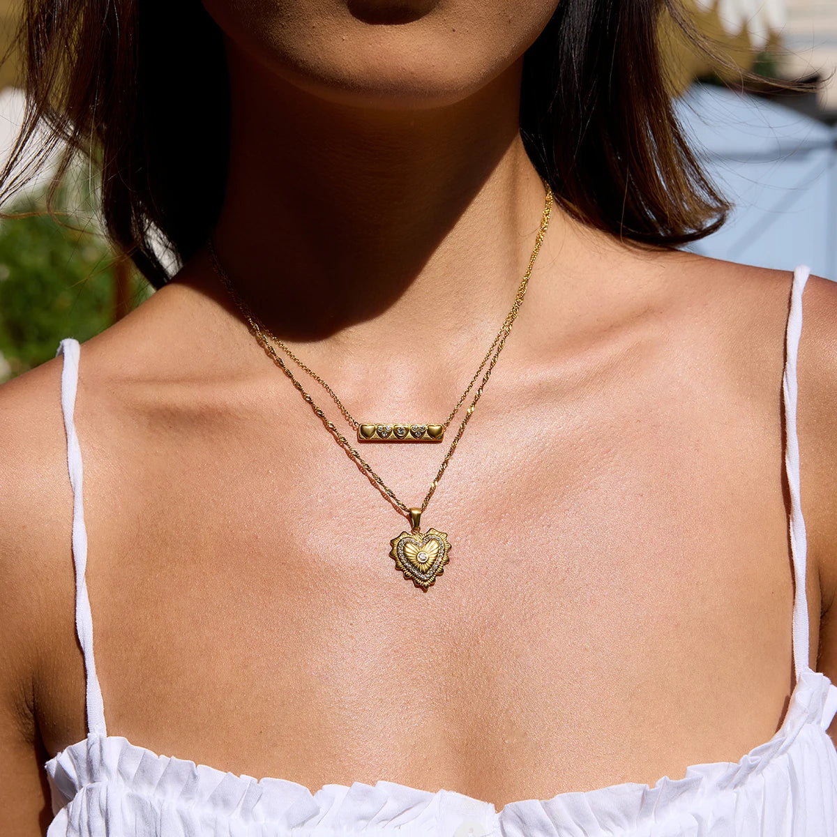 Kika Simple Classic  Stainless Steel Rhinestone Ribbed Love Pendant Necklace