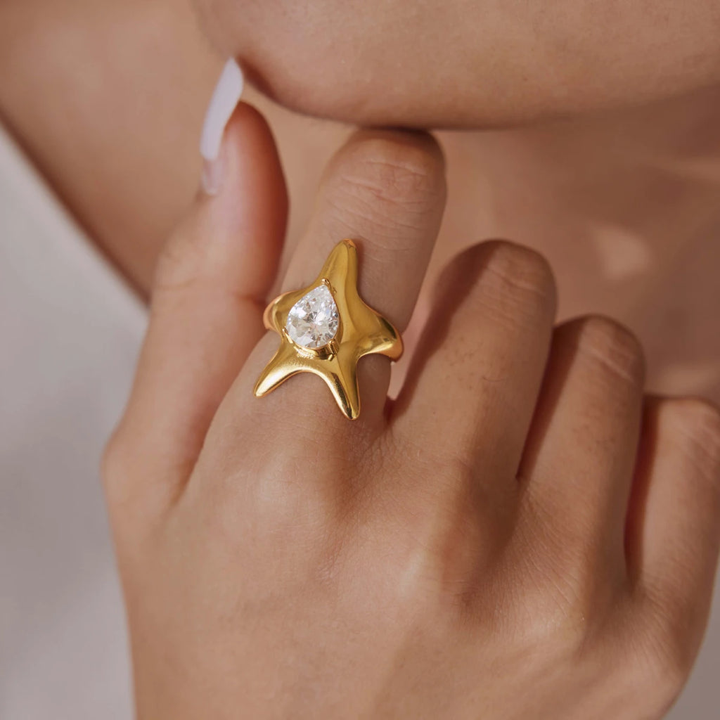 KIKA Classic Water Drop Zircon Star Open Rings For Women Minimalist 18K Gold PVD Plated Stainless Steel Rings Fashion Jewelry