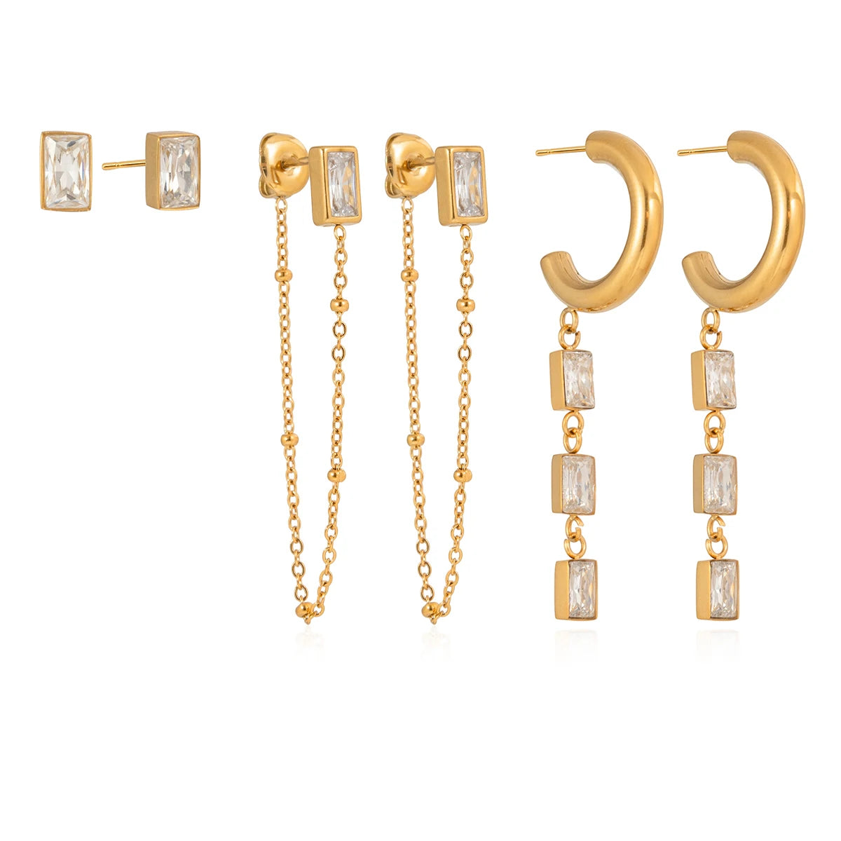 3 Pairs Geometric Water Droplet Rhinestone Earrings
