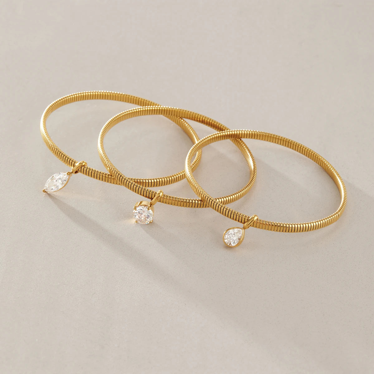 Kika Geometric Zircon Charm Snake Chain Bangle Minimalist 18K Gold PVD Plated Stainless Steel 316L