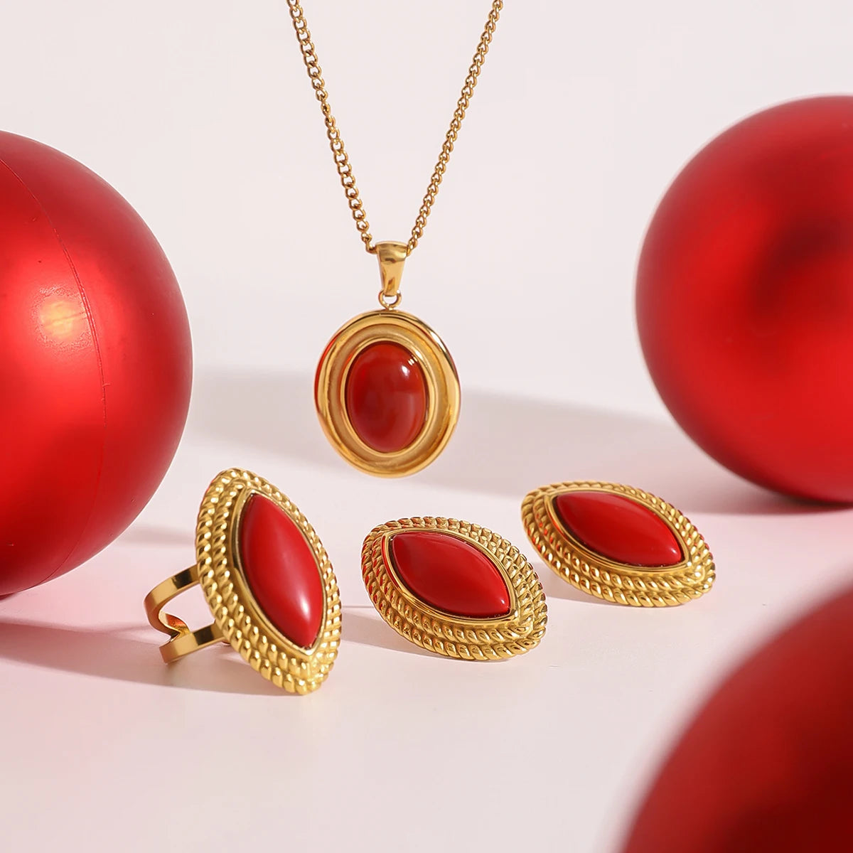 Kika New Year Christmas Red Horse Eye Earrings Devil's Eye Ring Round Pendant Necklace Women's Accessories Gift for Her