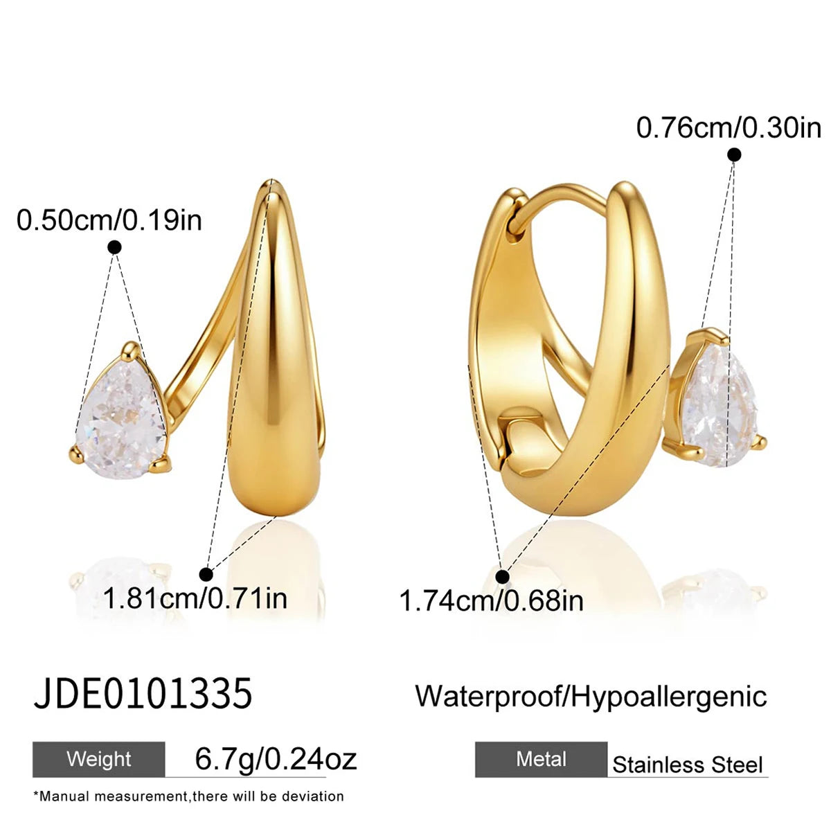 Kika Water Drop Zircon U Shape Clip Earrings Minimalist 18K Gold PVD Plated Stainless Steel 316L