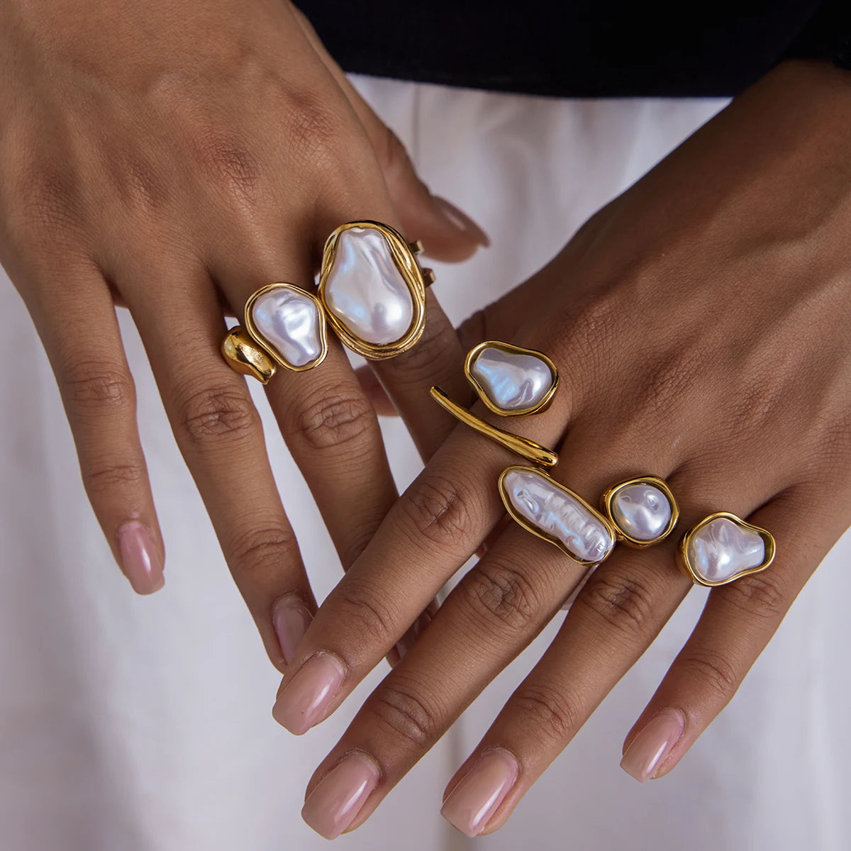 KIKA Simple and Elegant 18K Gold Color PVD Plated Stainless Steel 316L Baroque Shaped Pearl Asymmetric Ring Stackable Pearl
