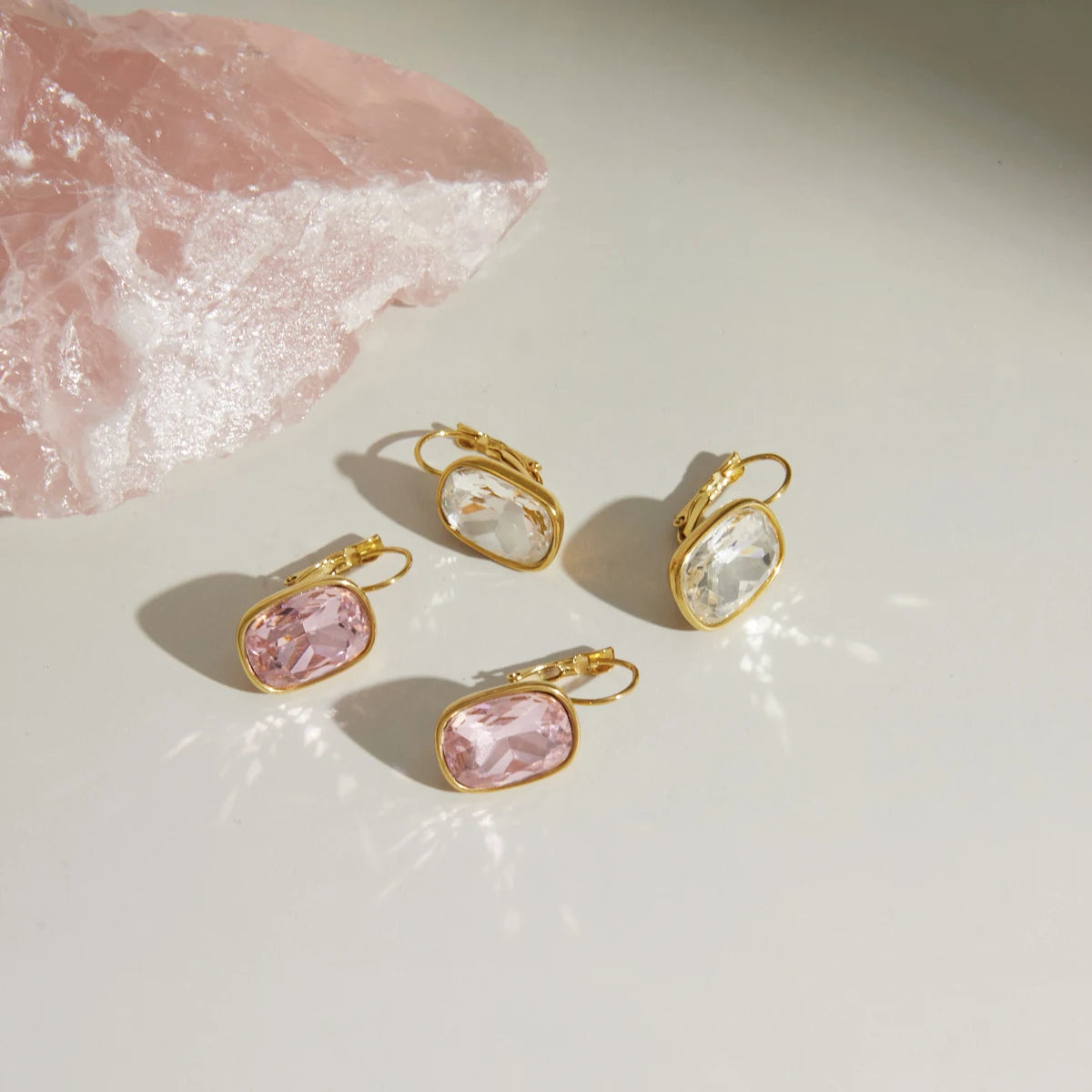 KIKA Elegant White Pink Crystal Clip Earrings PVD  Plated Stainless Steel 316L