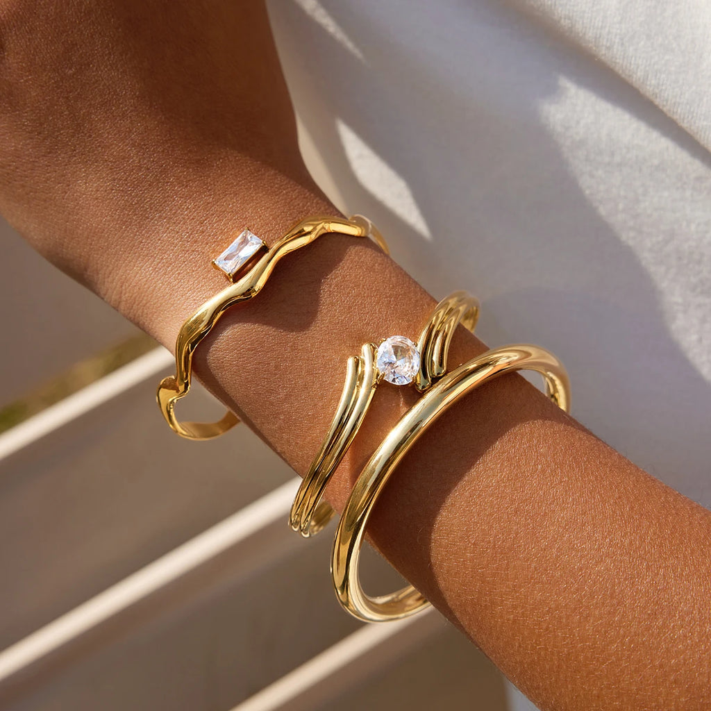 Kika Classic 18K Plated Irregular White Zircon Double-Layer Open Bracelet Stainless Steel